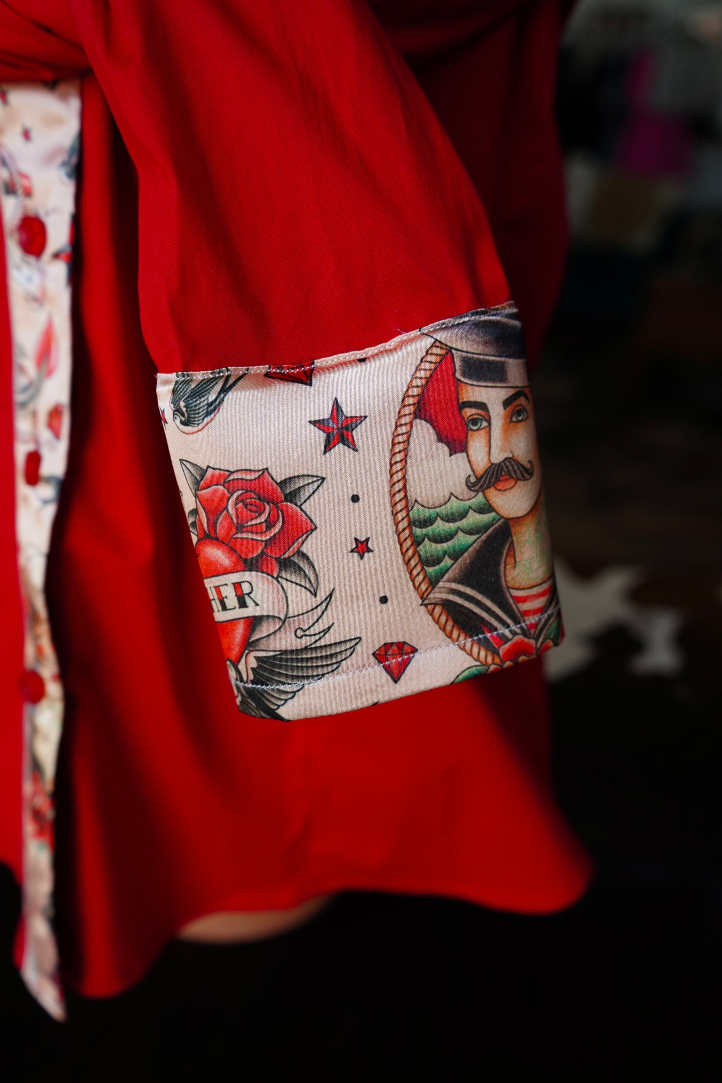 XL - American Traditional Tattoo on Red Cotton Button Down