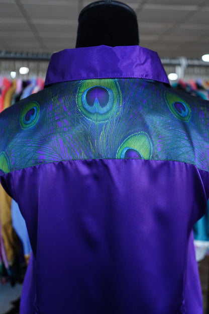 3XL - Peacock Feathers on Purple Satin Button Down