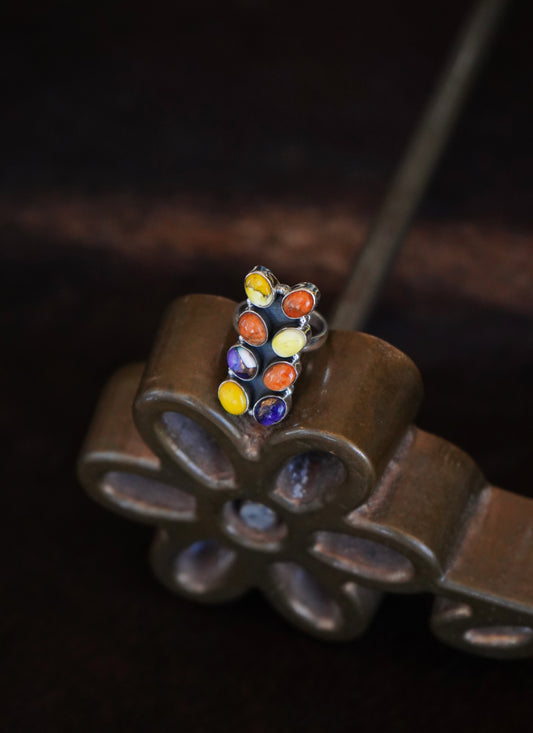 Colorful Dahlia Cluster Ring - Sz 7