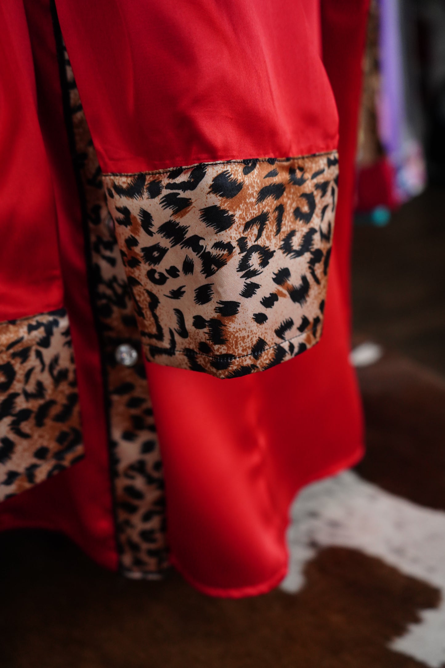 3XL - Cheetah on Red Satin Button Down
