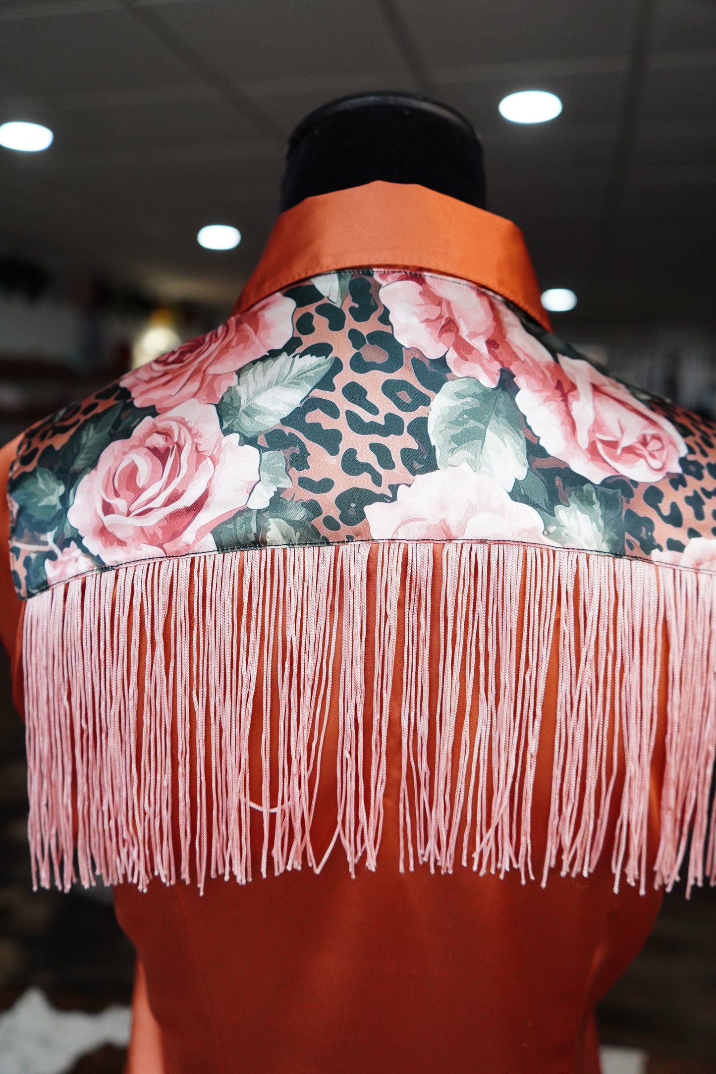 S - Blush Cheetah Roses on Rust Satin Button Down w/ Fringe