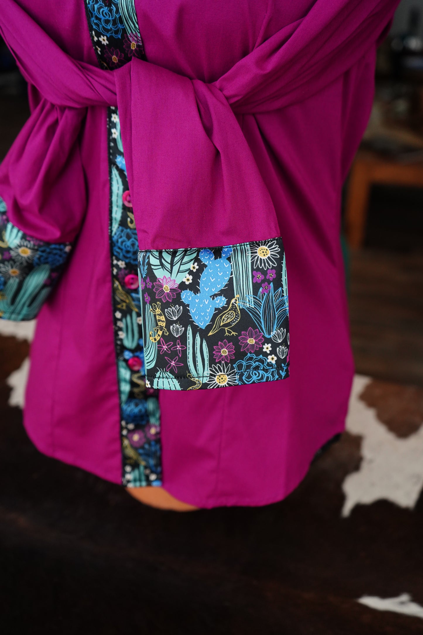 M - Magenta & Turquoise Cactus on Magenta Cotton Button Down