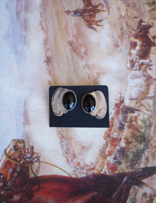 Vintage Black Onyx Silver Cloud Stud Earrings