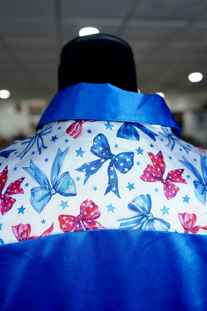 L - Patriotic Bows on Blue Satin Button Down