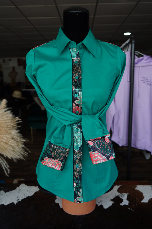 S - Succulents & Roses on Emerald Cotton Button Down