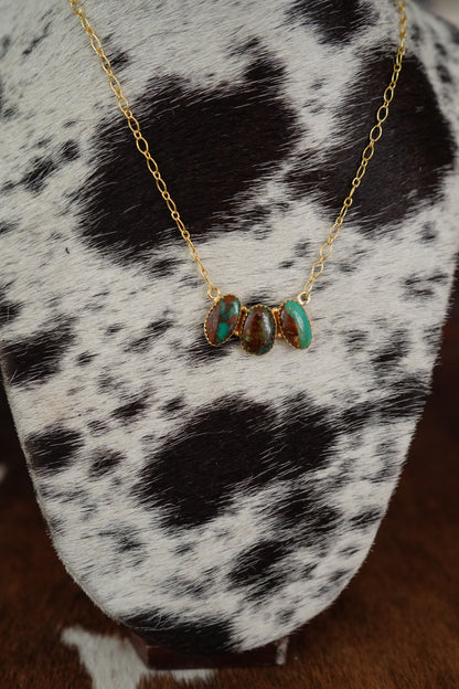 3 Stone Royston Turquoise 14K Gold Plated Necklace