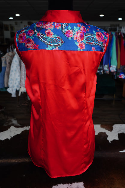PRELOVED - L - Blue Roses & Pink Paisley on Red Satin Button Down