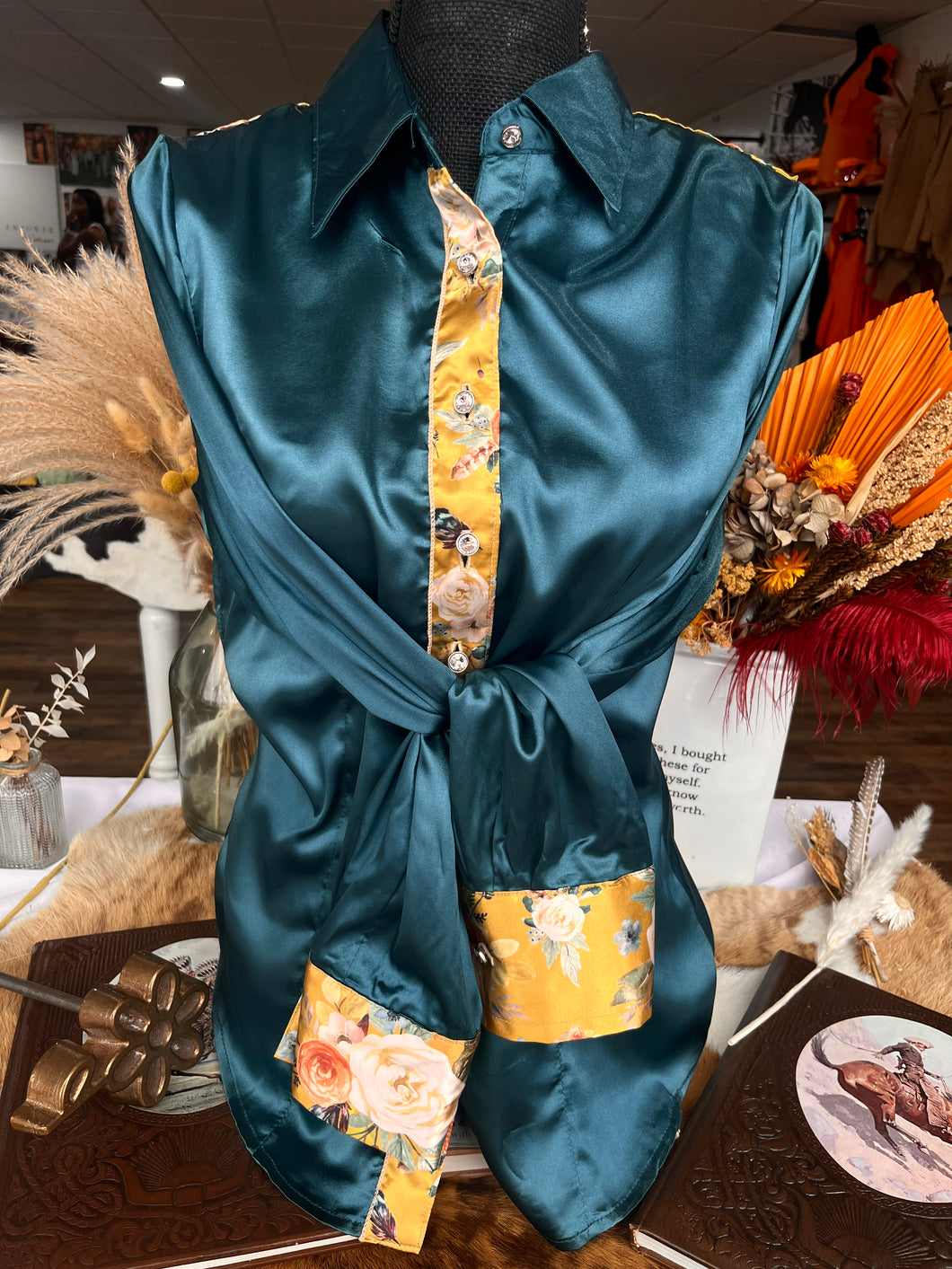 L - Cream & Rust Roses on Teal Satin Button Down