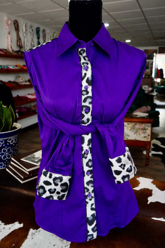 XL - Snow Leopard on Purple Cotton Button Down
