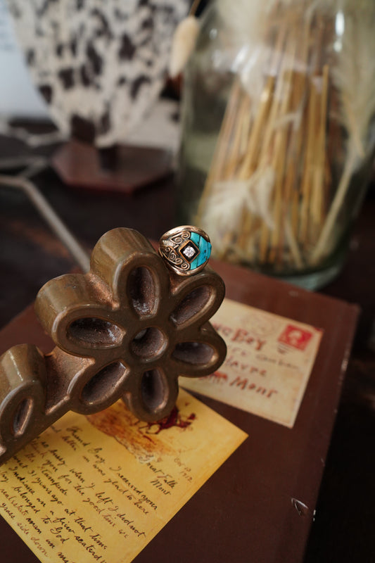 Vintage Gold & Turquoise Ring w/ CZ - Sz 8.5