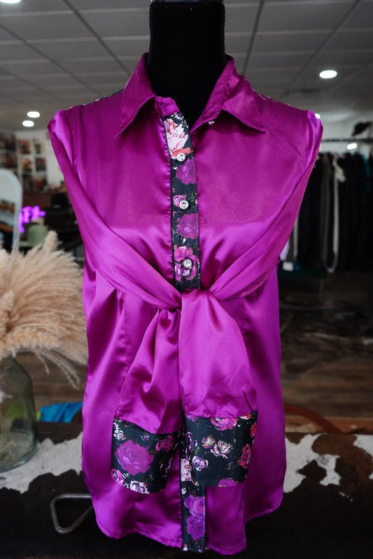 L - Black w/ Magenta Roses on Magenta Satin Button Down