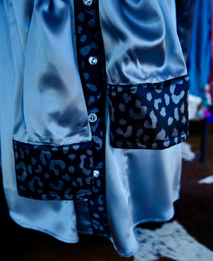 3XL - Black & Grey Cheetah on Silver Satin Button Down