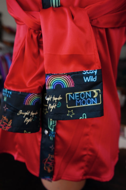 S - Neon Moon on Red Satin Button Down