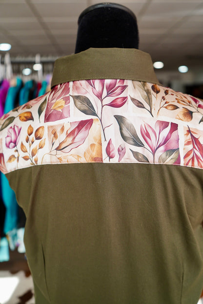 XL - Mauve Floral Stamps on Olive Cotton Button Down