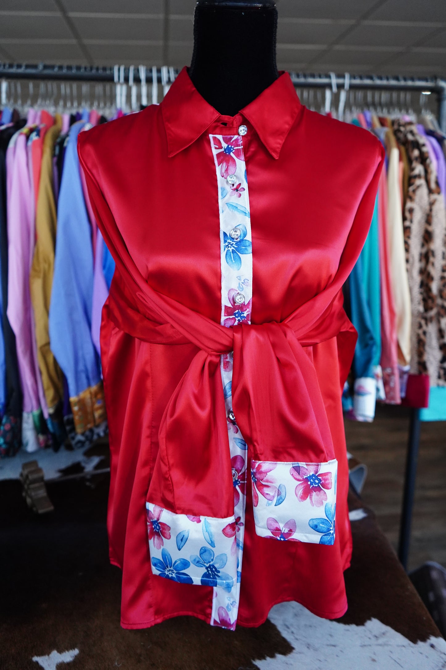 2XL - Patriotic Flowers on Red Satin Button Down