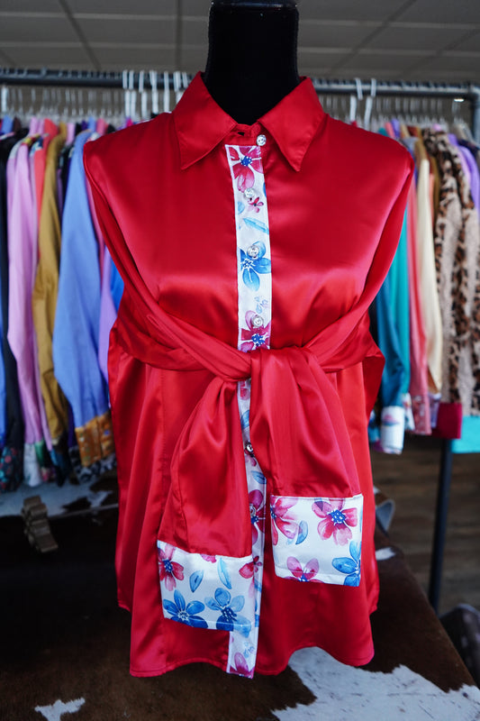 2XL - Patriotic Flowers on Red Satin Button Down