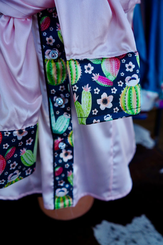 L - Pink & Green Watercolor Cacti on Light Pink Satin Button Down