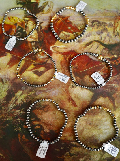 Sterling Silver Pearl & 14K Gold Plated Strethcy Bracelets