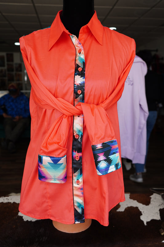 XL - Kaleidoscope Aztec on Hot Coral Cotton Button Down