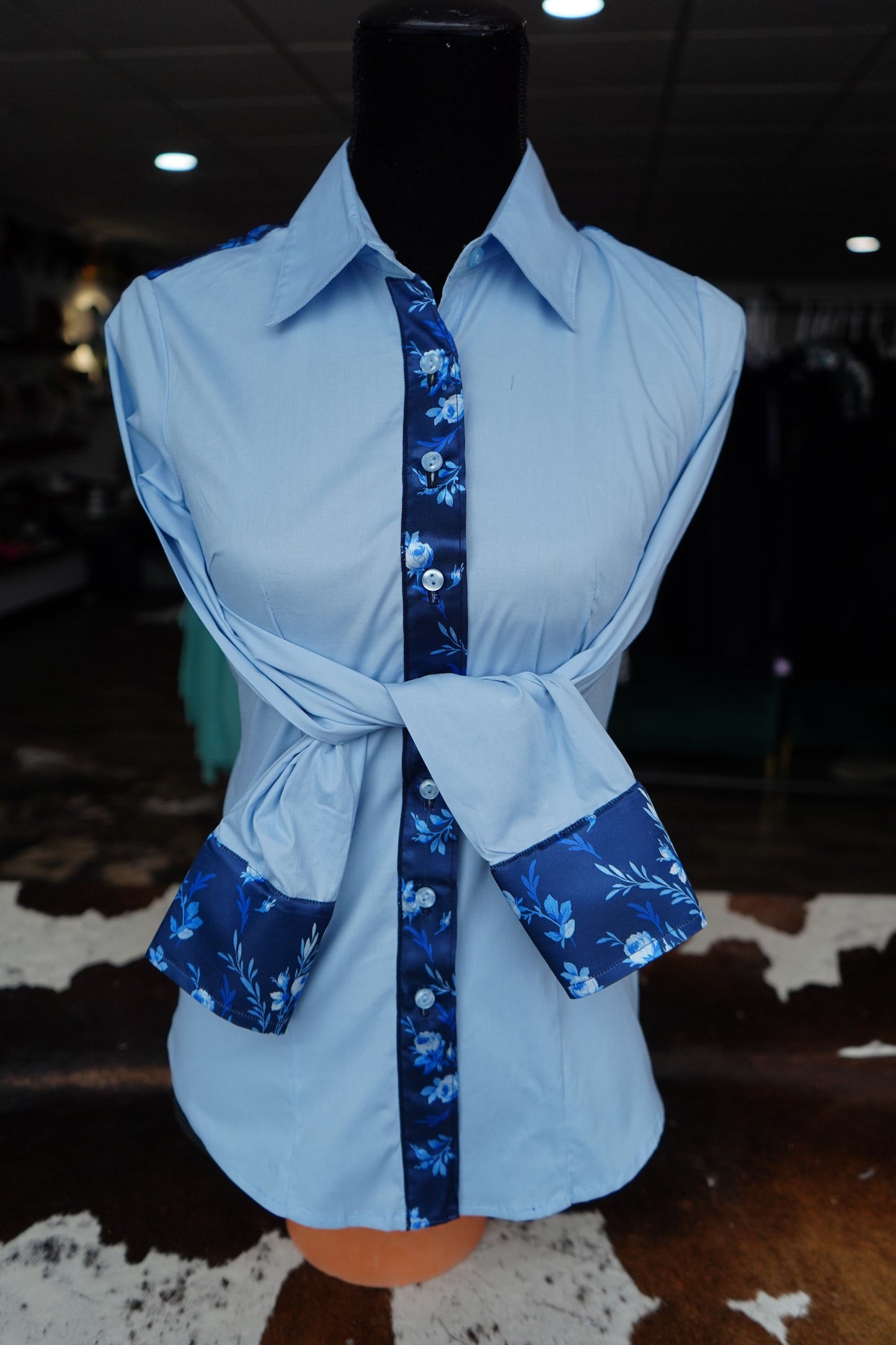 S - Navy & Blue Floral on Baby Blue Cotton Button Down