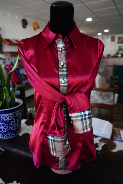 M - Tan & Black Plaid on Red Satin Button Down