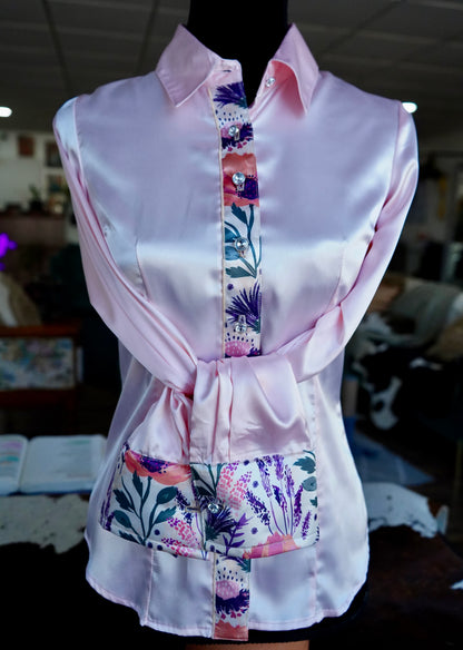 S - Plum & Coral Floral on Light Pink Satin Button Down