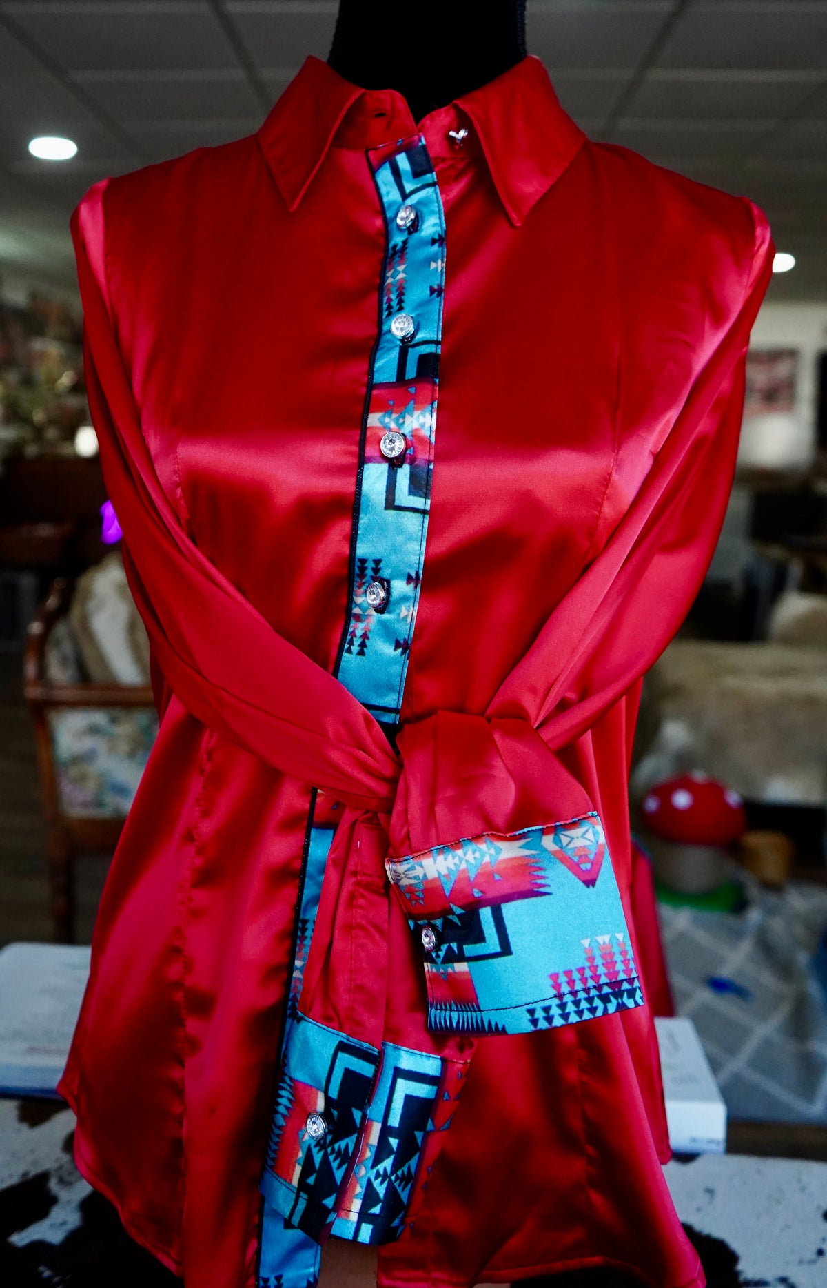 M - Blue Pendleton on Red Satin Button Down