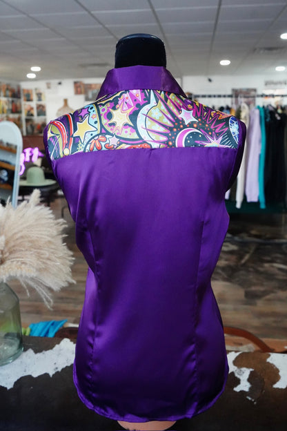 L - Groovy Space on Dark Purple Satin Button Down