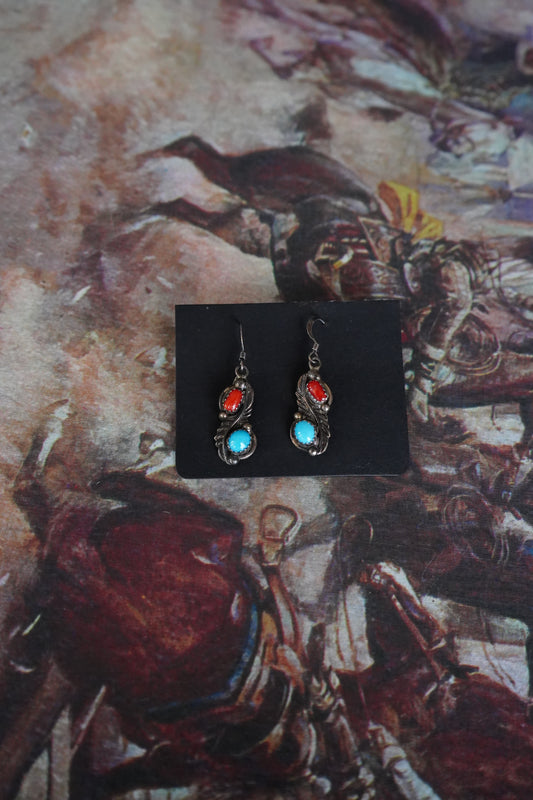 Vintage Turquoise & Red Coral Feather Fish Hook Earrings