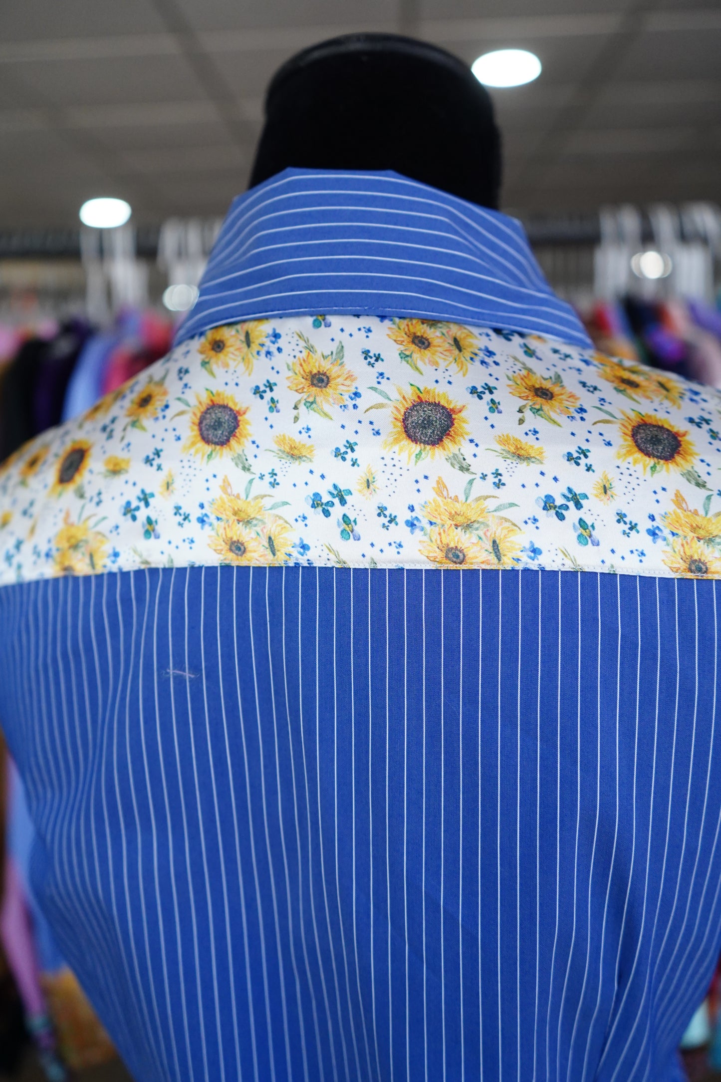 S - Mini Sunflowers on Denim Stripe Cotton Button Down
