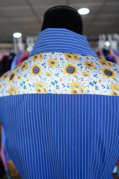 S - Mini Sunflowers on Denim Stripe Cotton Button Down
