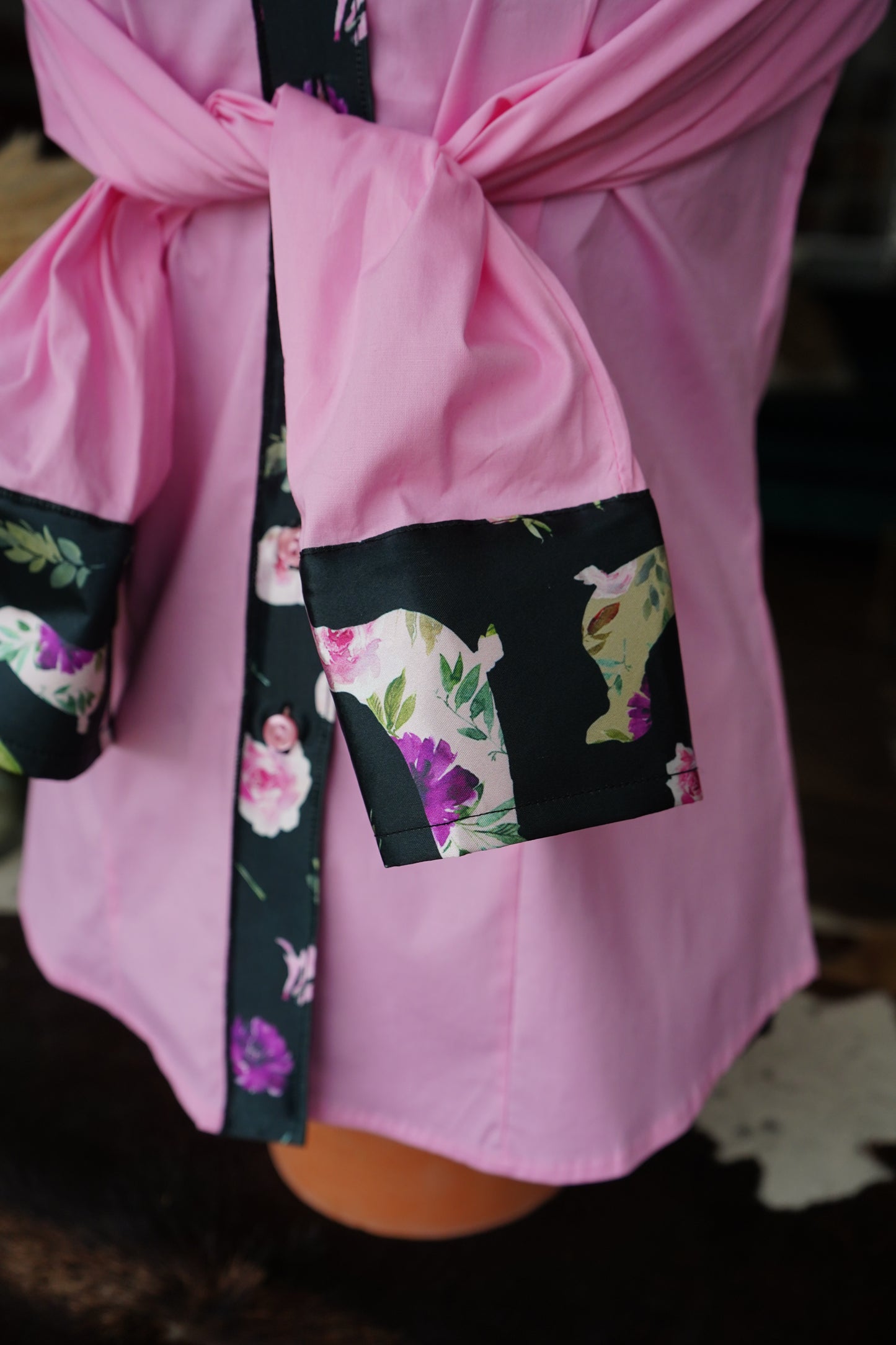 M - Black Floral Weenie Dawgs on Light Pink Cotton Button Down