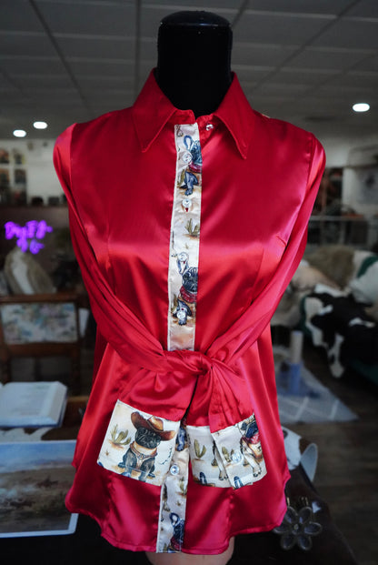 S - Cowboy Frenchies on Red Satin Button Down