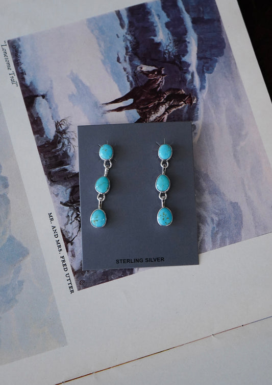 Shirley Henry Turquoise 3 Stone Dangly Stud Earrings
