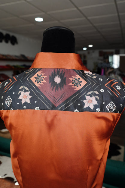 L - Farmhouse Aztec on Rust Satin Button Down