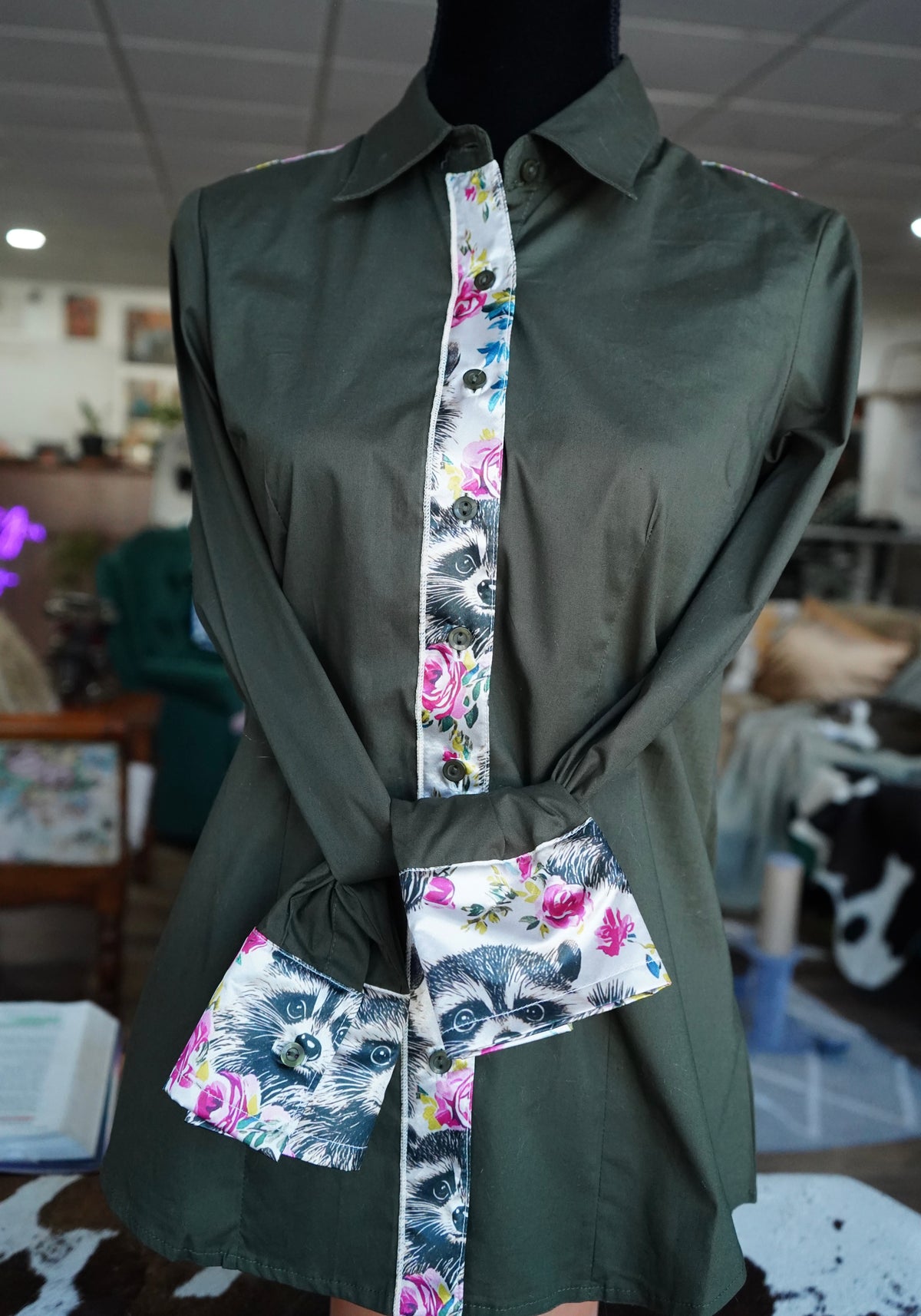 L - Pink Floral Raccoons on Olive Cotton Button Down