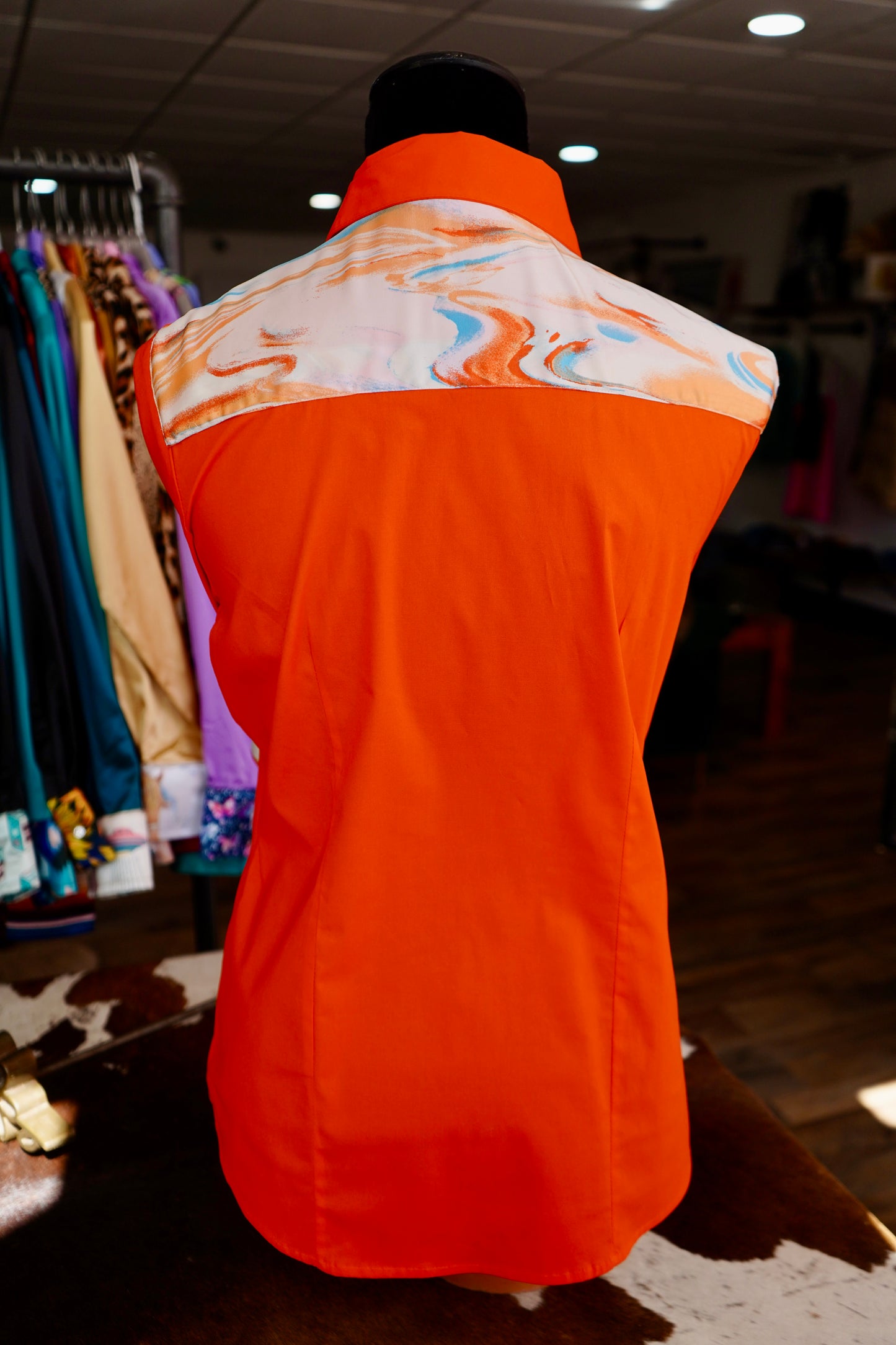 L - Orange & Blue Oil-spill on Orange Cotton Button Down