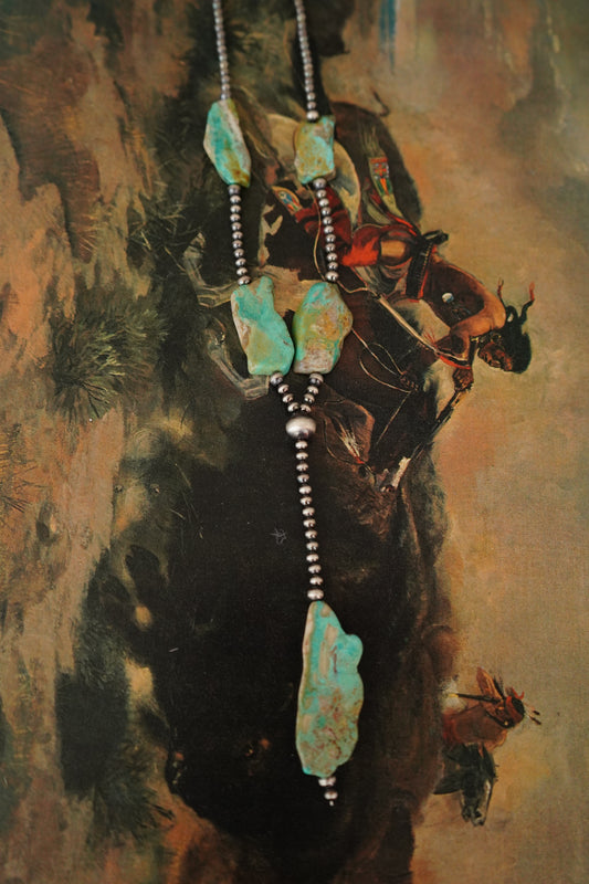 Sterling Silver Pearls & Turquoise Slab Lariat Necklaces