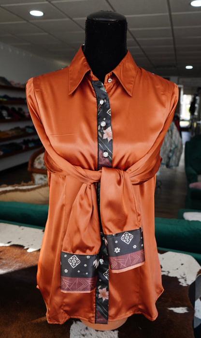 L - Farmhouse Aztec on Rust Satin Button Down