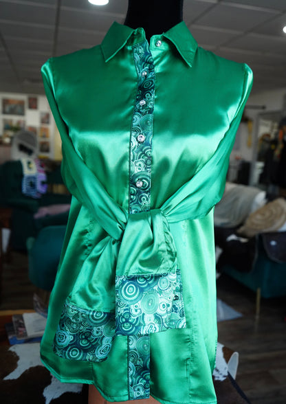 L - Malachite on Kelly Green Satin Button Down