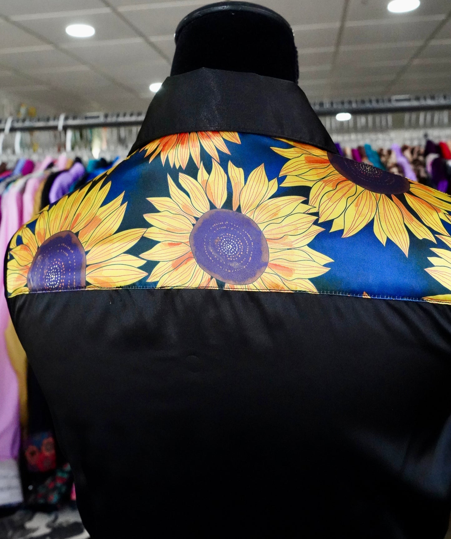 S - Large Sunflowers on Black Satin Button Down