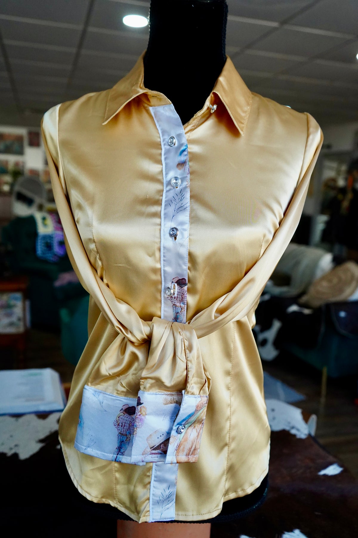 S - Raisin Cow Kids on Gold Satin Button Down