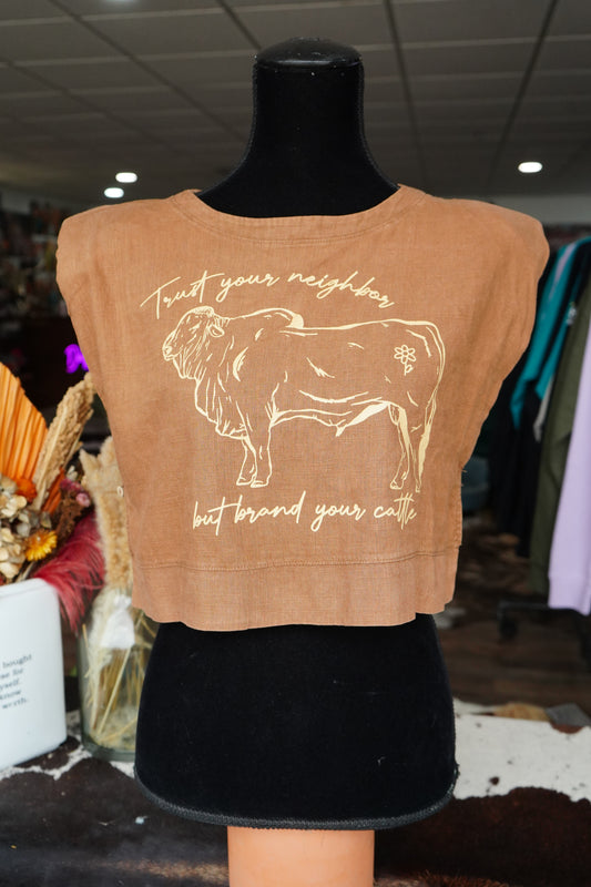 Brand Your Cattle Acid Washed Muscle Crop Tank