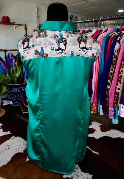 2XL - Tan & Emerald Cowboys on Emerald Satin Button Down