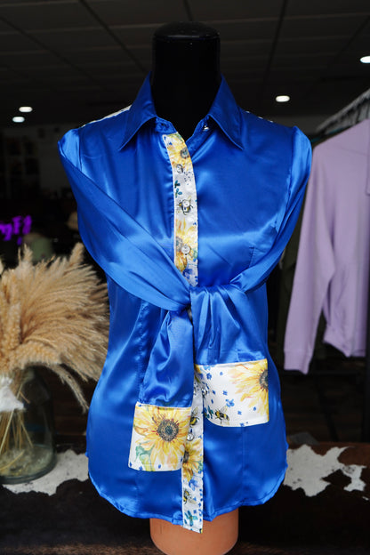 S - Original Sunflowers on Royal Blue Button Down