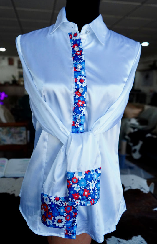 M - Patriotic Daisies on White Satin Button Down