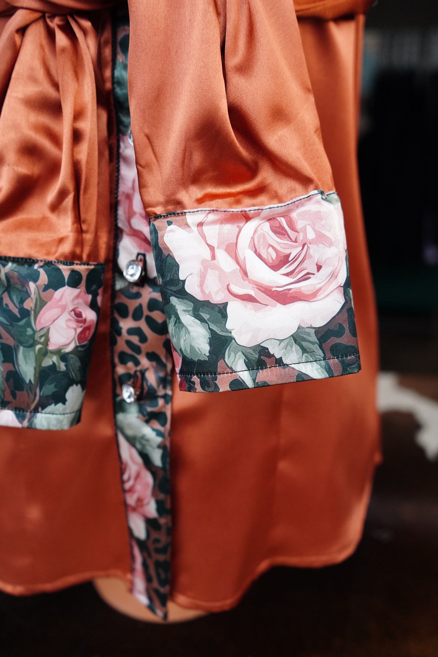 S - Blush Cheetah Roses on Rust Satin Button Down w/ Fringe