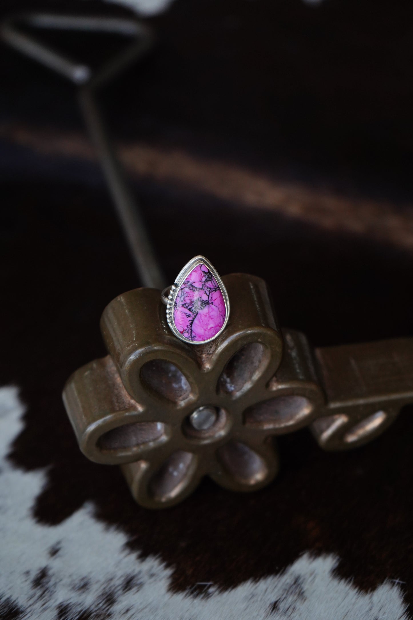 Pink & Black Dahlia Teardrop Ring - Adj