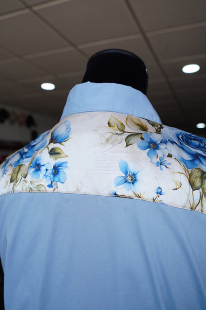 L - Blue Journal Roses on Baby Blue Cotton Button Down