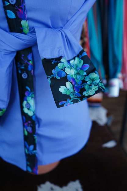 S - Blue & Purple Electric Floral on Lilac Cotton Button Down
